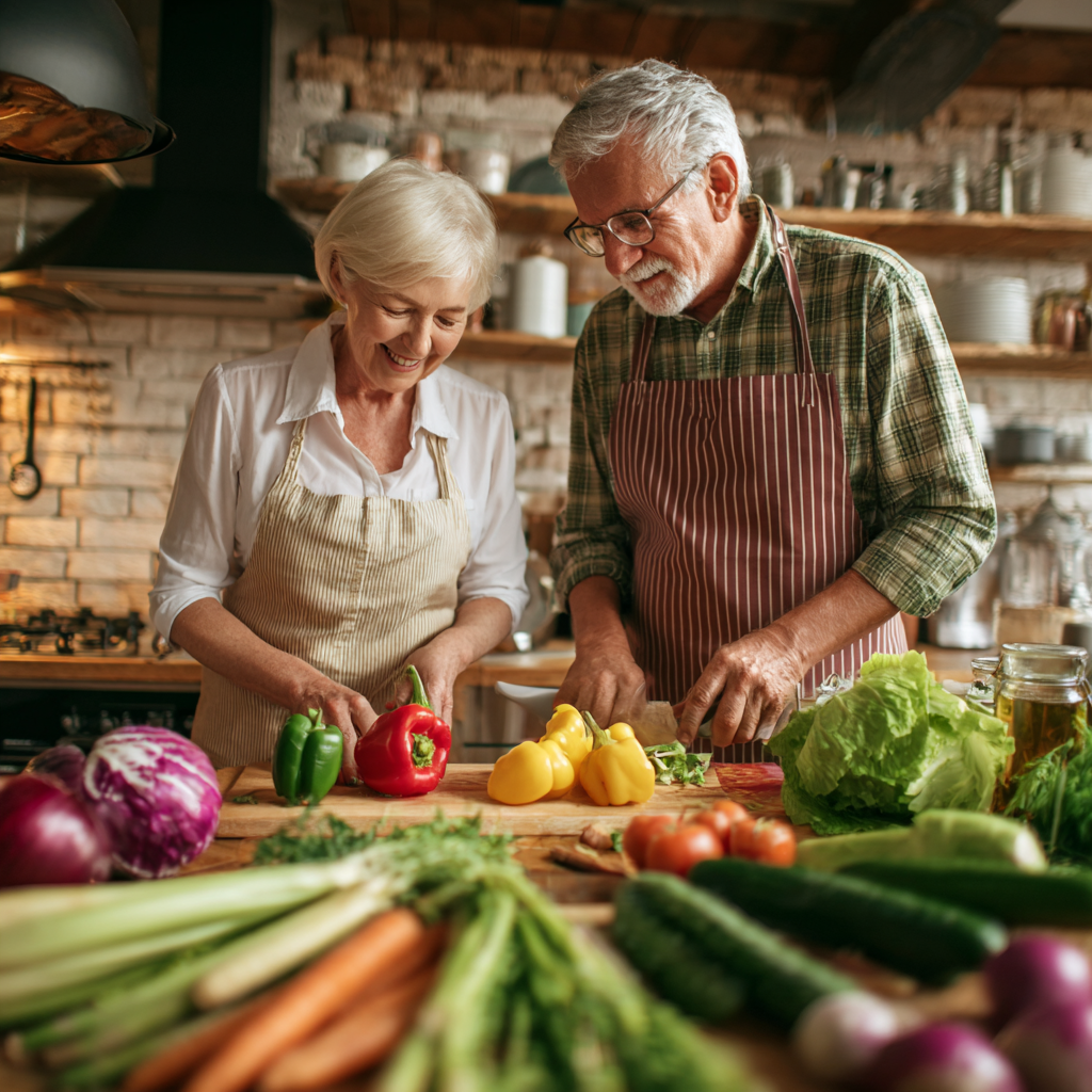 Mature adults enjoying fresh vegetables and healthy cooking together